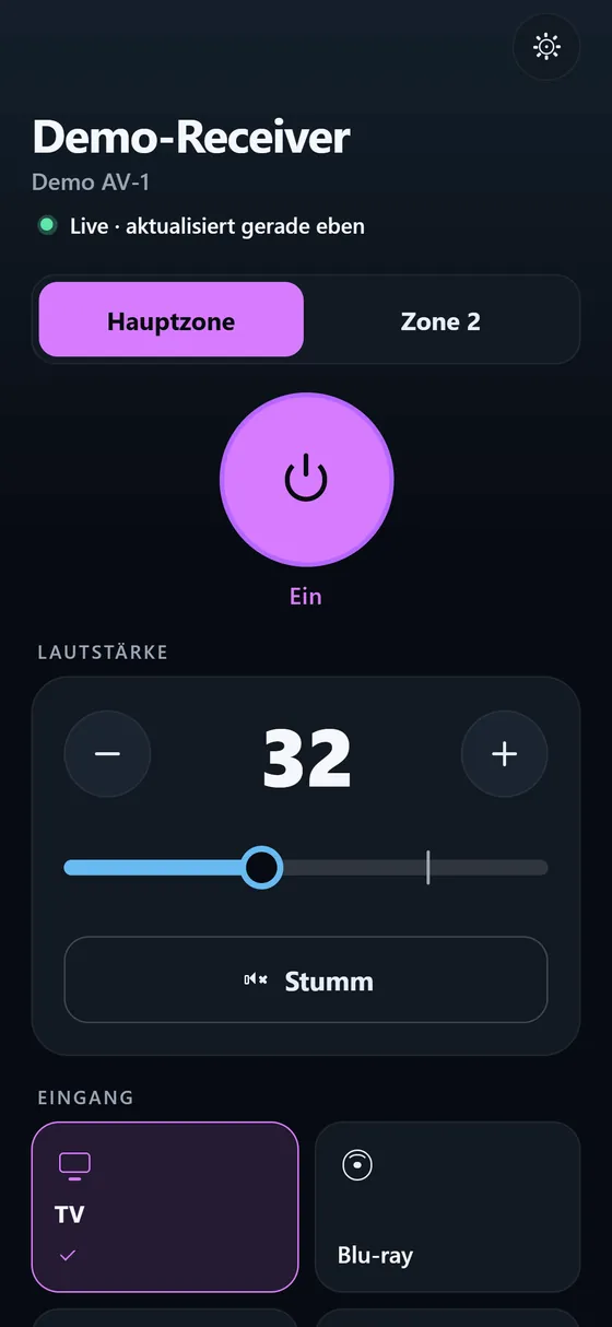 Ampline Start: Hauptzone und Zone 2, eine große Ein/Aus-Taste, die Lautstärke mit Minus und Plus, darunter die Eingänge.