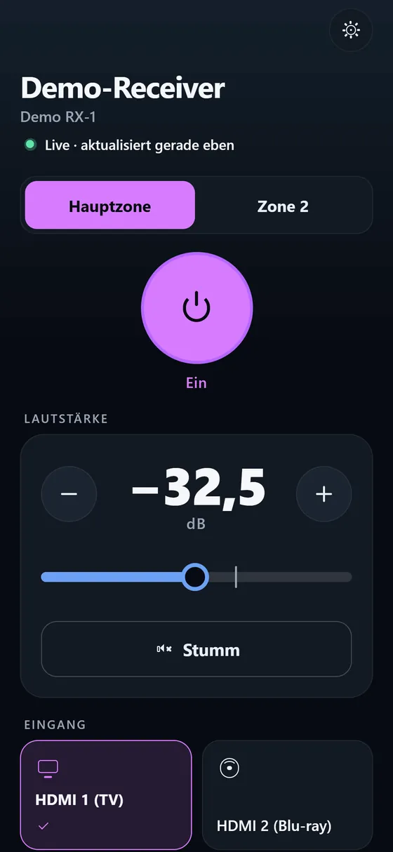 Ein Yamaha-Receiver: Lautstärke minus 32,5 dB, Eingänge HDMI 1 und HDMI 2.