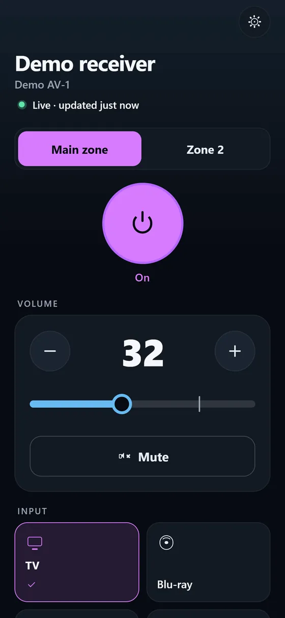 Ampline home: Main zone and Zone 2, a big power button, the volume card at 32 with minus and plus, the inputs below.