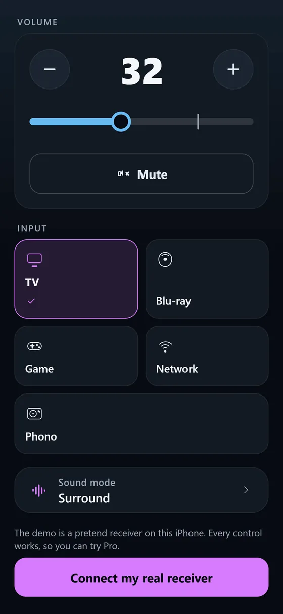 Input tiles TV, Blu-ray, Game, Network and Phono with TV selected, and the sound mode Surround.
