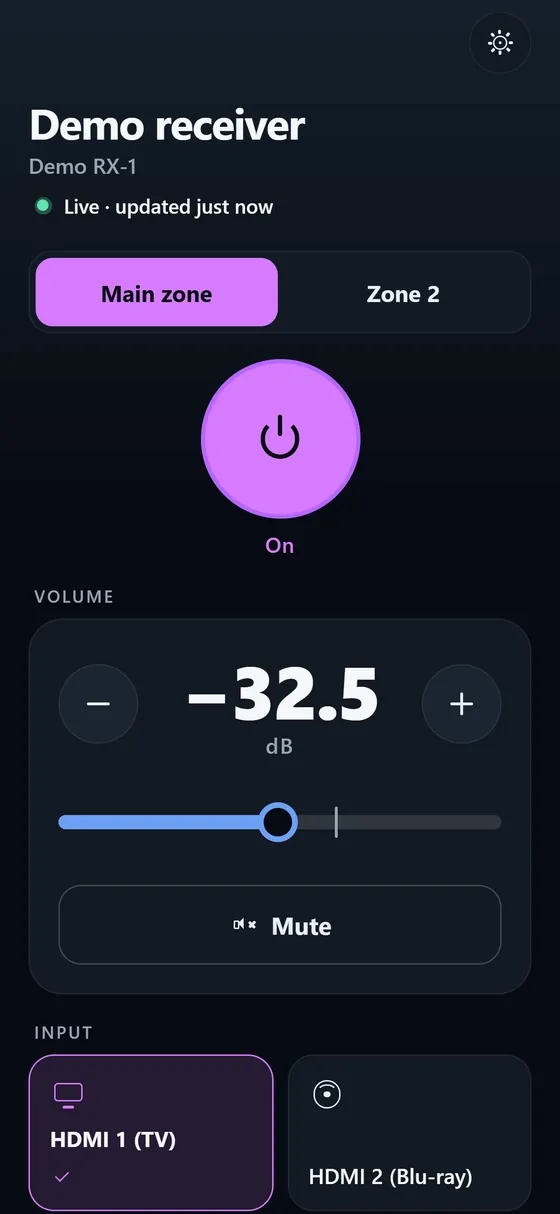 A Yamaha receiver: volume shown as minus 32.5 dB, inputs HDMI 1 (TV) and HDMI 2 (Blu-ray).
