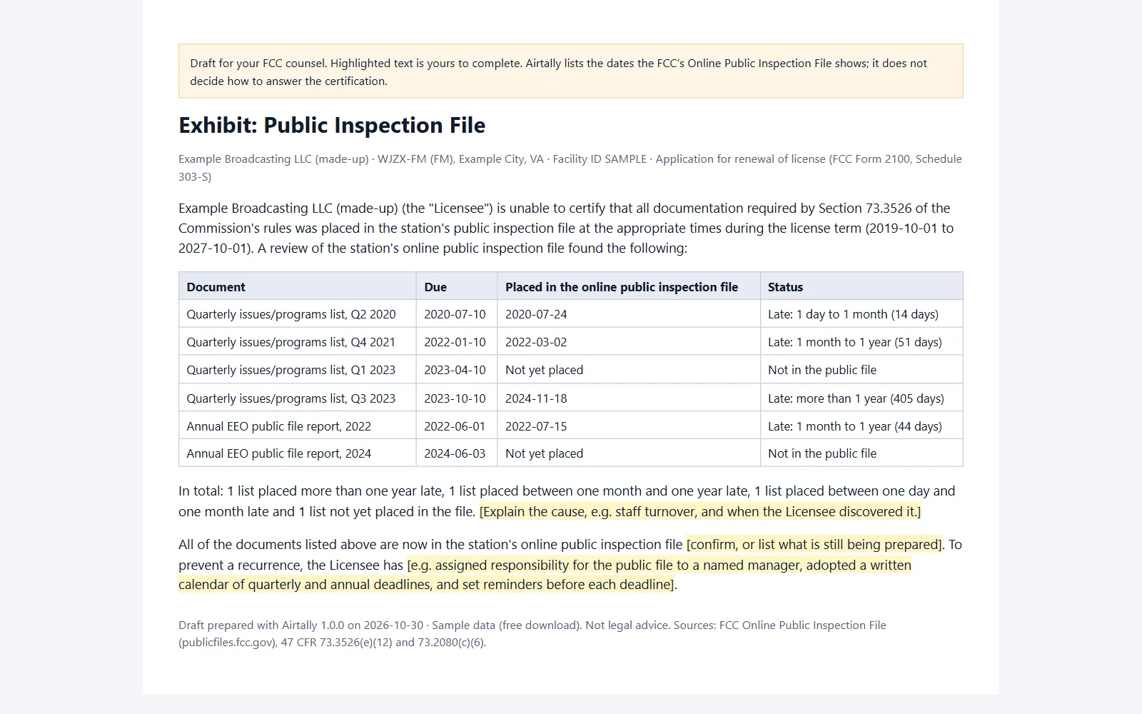 Airtally draft exhibit: facts and dates for the renewal, for your counsel to finish. Made-up sample station WJZX-FM.