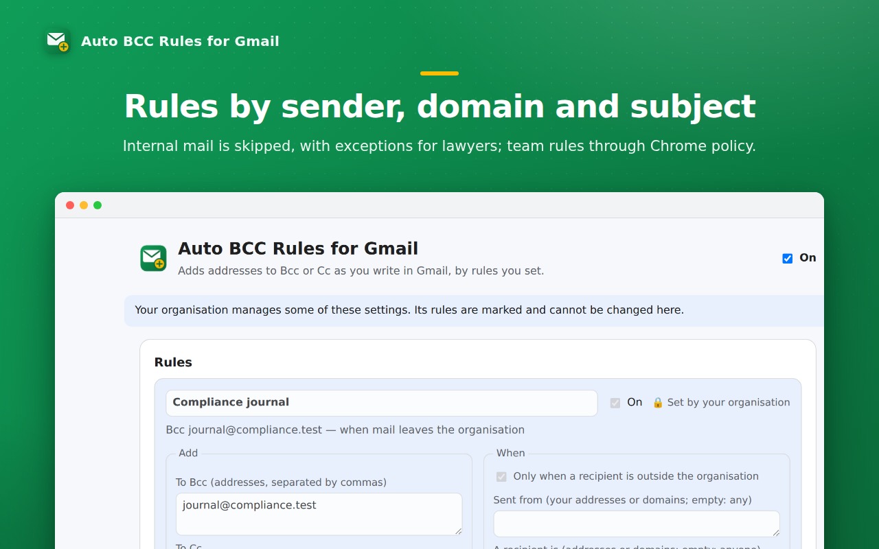Rules by sender, domain and subject