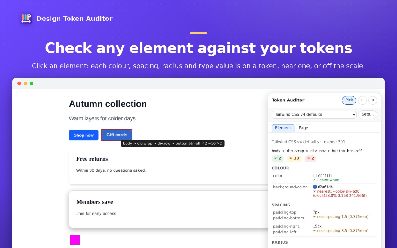 Check any element against your tokens
