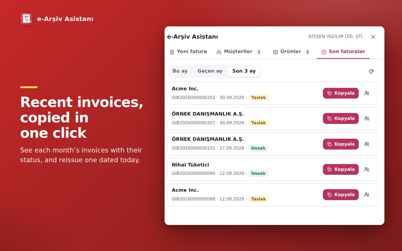 Recent invoices, copied in one click