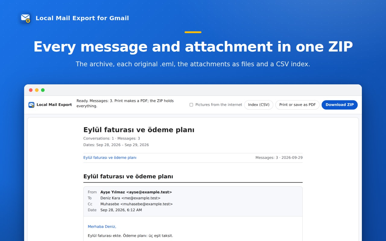 Every message and attachment in one ZIP