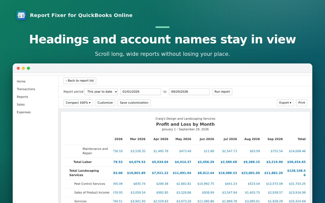 Headings and account names stay in view