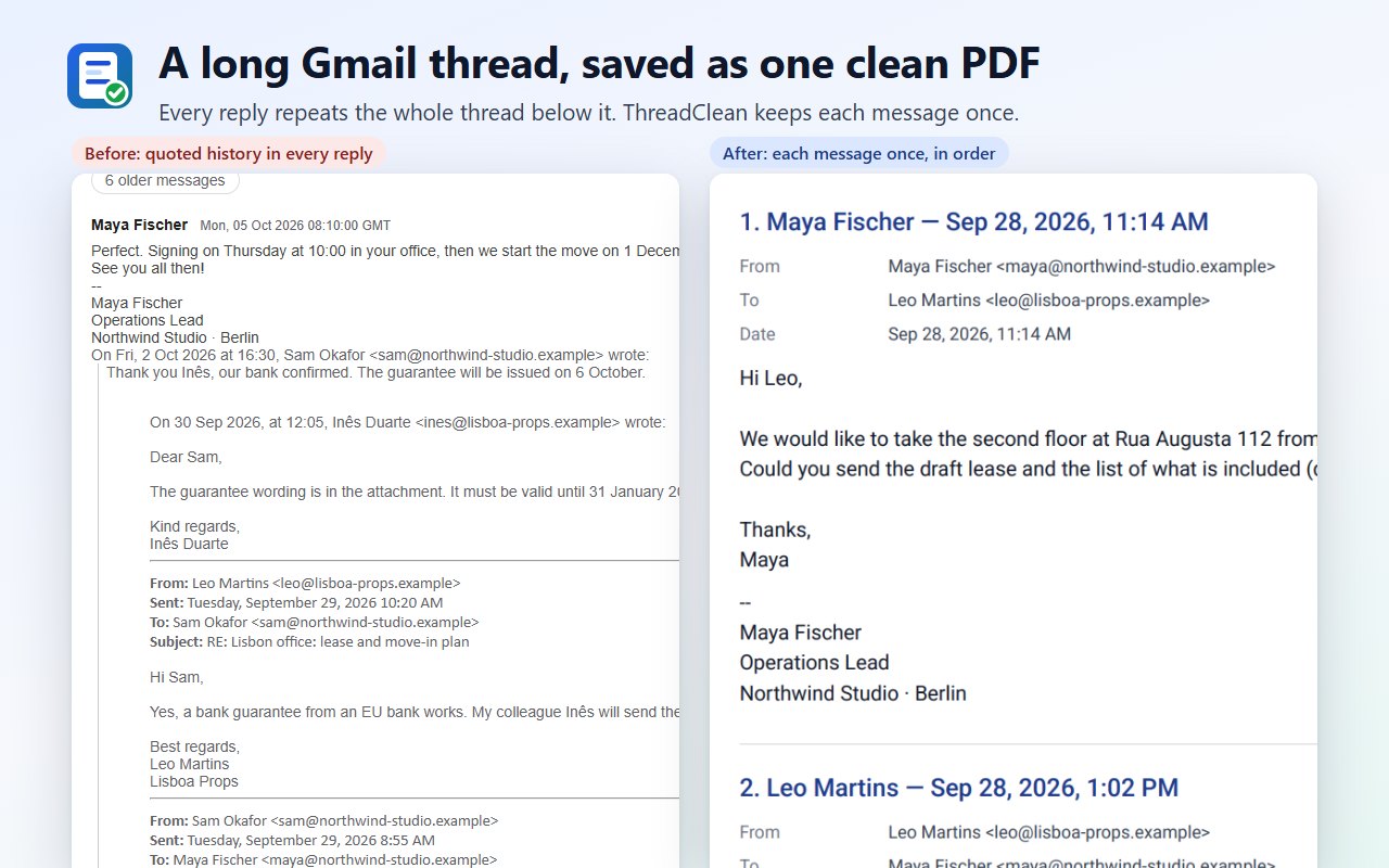 A long Gmail thread, saved as one clean PDF
