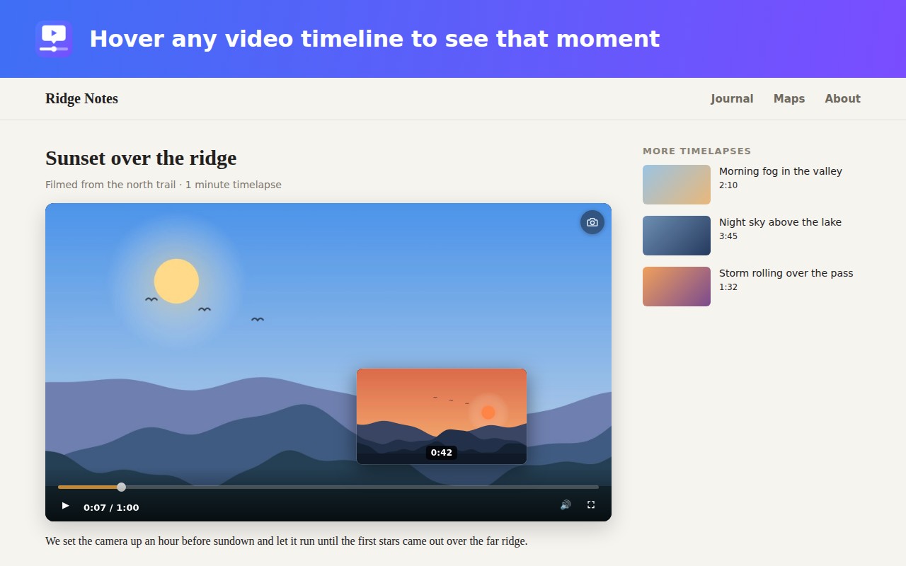 Hover any video timeline to see that moment