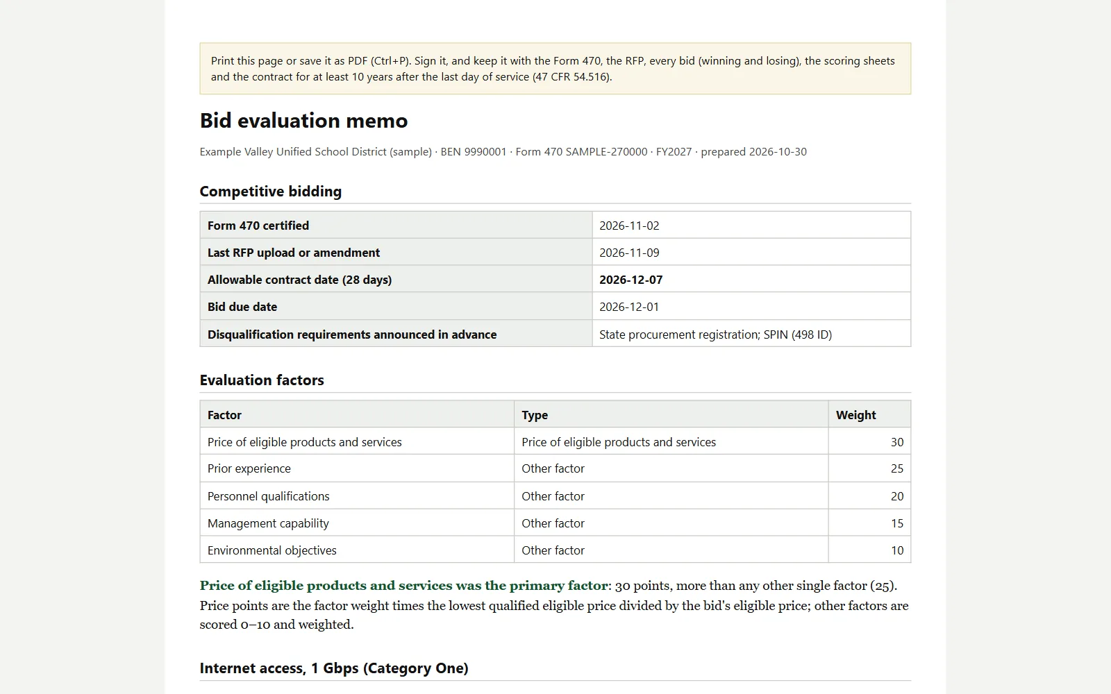 Bidtally bid evaluation memo with the dates, the factors and the weights, ready to sign. Made-up sample school district.
