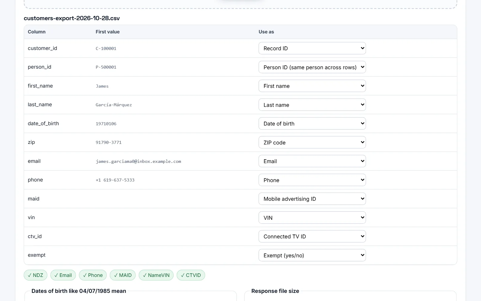 Erasefold column mapping: your record export’s columns matched to the DROP identifiers. Made-up sample data.