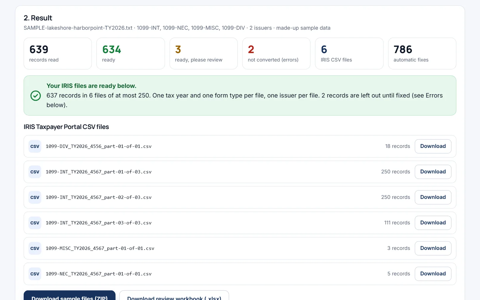Firelift result: 639 records read and 6 IRIS CSV files of at most 250 records ready to download. Made-up sample data.