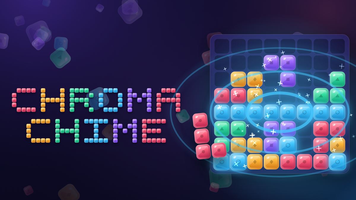 Chroma Chime title art: the game's name spelled in small colored gem blocks next to an 8 by 8 grid of red, yellow, green, blue and purple gems, with rings of light spreading from a full blue row.
