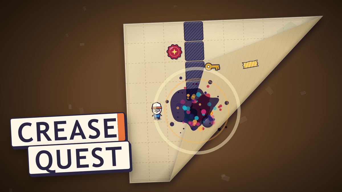 CreaseQuest title art: a sheet of grid paper folded diagonally, with an ink bomb bursting into colored splashes next to a small paper hero in a white cap, and a key, a strip of tape and a red wax seal on the page.