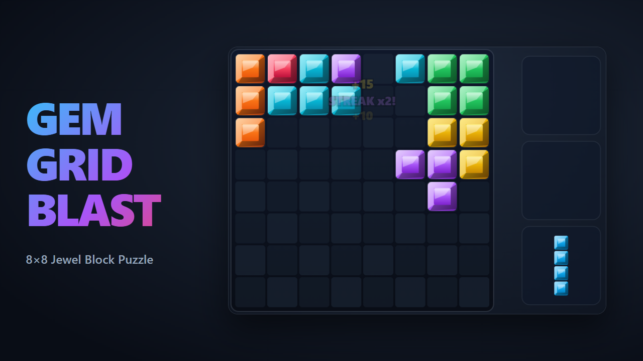 Gem Grid Blast gameplay: colorful jewel pieces on a dark 8x8 board, a score above and three pieces waiting in the tray.