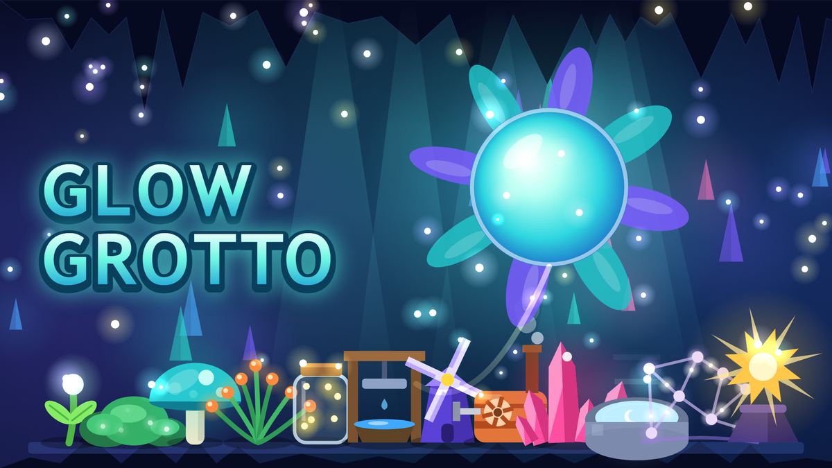 Glow Grotto title art: the glowing Hollow Heart floats in a dark cave above a row of producers, from a small sprout and a mushroom to pink crystals and a bright star.