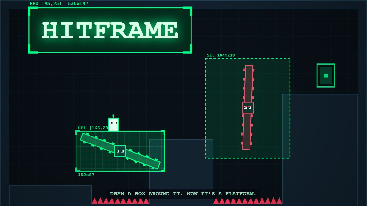 HITFRAME title art: the game's name inside a glowing green selection frame above a dark grid level, where a small white robot stands on a neon green box wrapped around a tilted spinning blade, while a dashed selection is drawn around a second, red blade next to a green exit door.