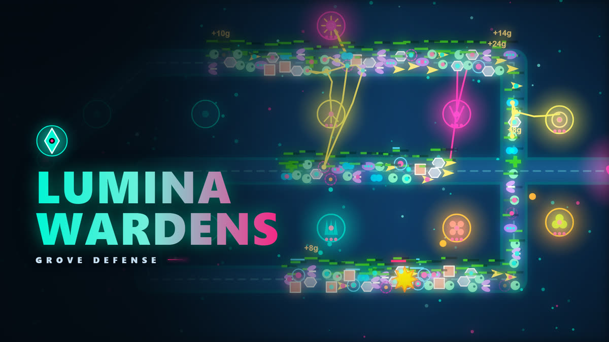 Lumina Wardens: Grove Defense title art: neon towers in pink, yellow, orange and teal stand beside a glowing road that winds across a dark forest floor, firing beams into a crowded line of glowing spores and creatures, with small gold rewards floating up.