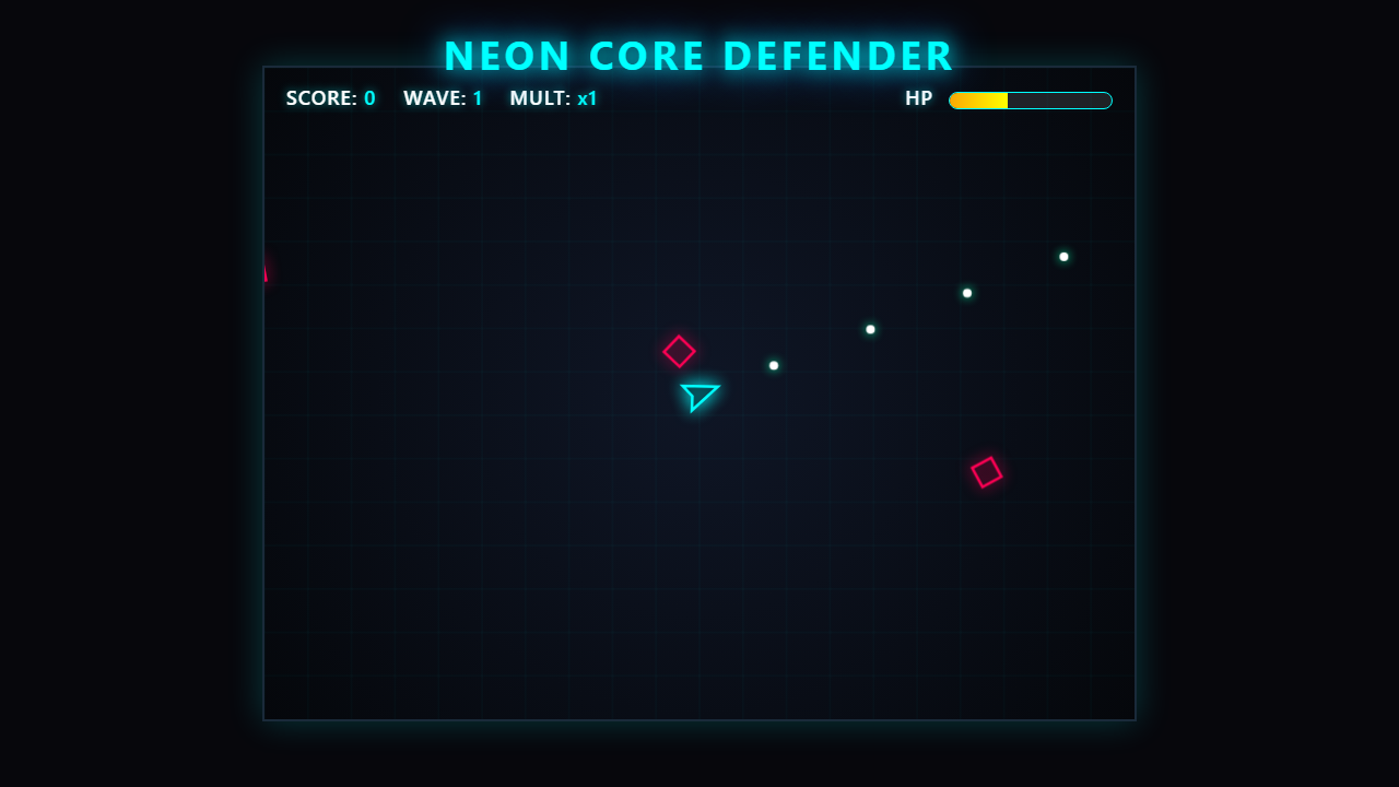 Neon Core Defender gameplay: a cyan ship defends itself against glowing geometric enemies on a dark arena, with score, wave and health above.