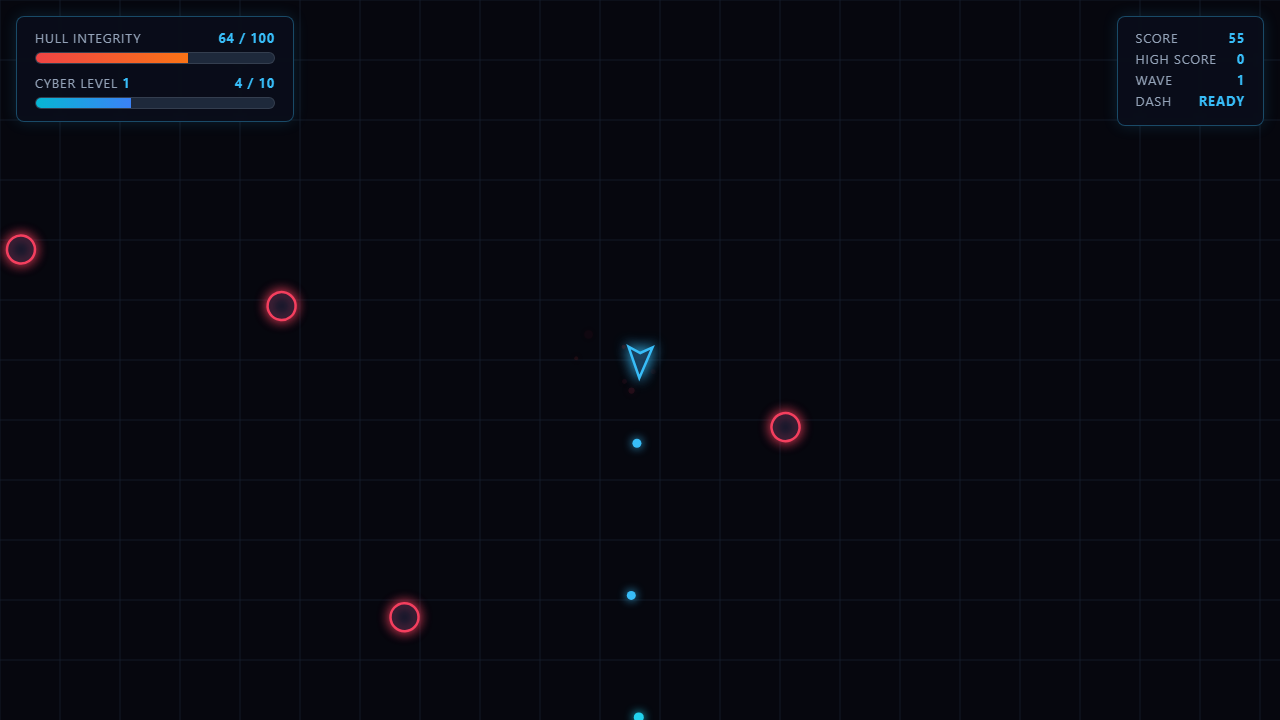 NEON PULSE: Cyber Arena gameplay: a neon ship and geometric enemies on a dark arena grid with health and wave indicators.