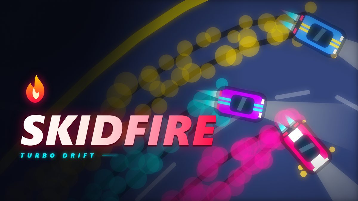 Skidfire: Turbo Drift title art: three neon cars, blue, purple and pink, drift through a dark curve leaving glowing trails of yellow, cyan and pink tyre smoke, beside the game's name and a small flame.