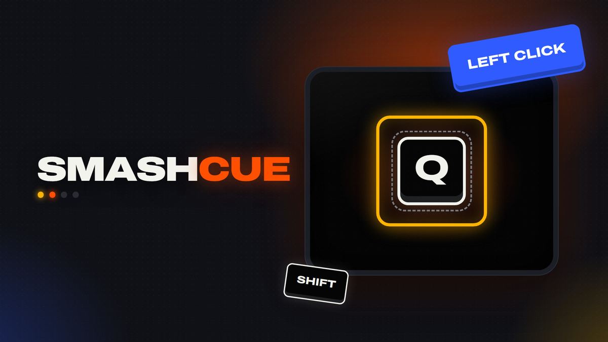 SMASHCUE title art: the game's name next to a large Q key inside a closing amber frame and a dashed target, with a blue Left Click key and a Shift key beside it.