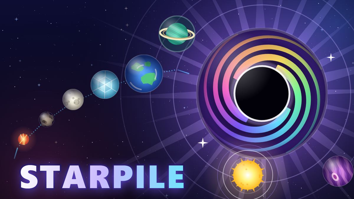 STARPILE title art: a chain of worlds that grow in size, from a small ember and an asteroid to a moon, an ice world, an ocean world and a ringed planet, beside a large swirling rainbow ring, a sun and a purple gas giant.