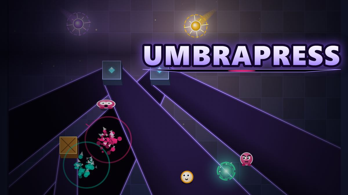 UmbraPress title art: two lanterns throw long purple shadows from two pillars across a dark tiled floor, where a small round explorer stands near a green portal, a wooden crate, two pink guards and bursts of pink and teal paint.