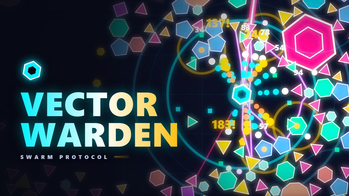 Vector Warden: Swarm Protocol title art: a small glowing hexagon ship on a dark grid fires streams of light into a crowd of colored hexagons, triangles and pentagons, with damage numbers popping up.