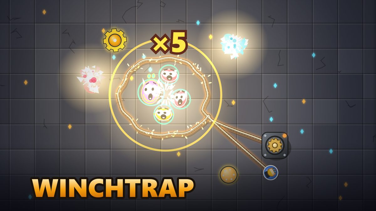 WinchTrap title art: a glowing steel cable runs from a winch on a stone floor and loops around four frightened monsters, with a large x5 combo above the loop, a golden gear post and bursts of ice and red shards nearby.