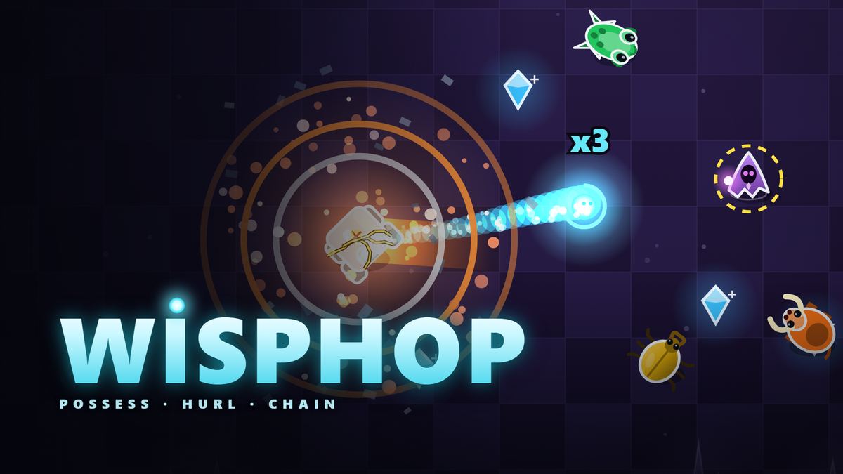 Wisphop title art: a glowing blue spirit streaks away from an exploding stone golem toward a hooded purple mage, with a green frog, a yellow beetle, an orange bull and two blue crystals around it on a dark tiled floor.