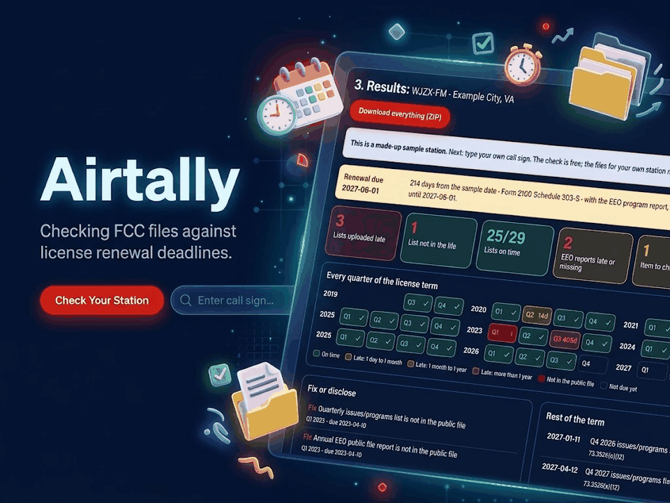 Airtally: FCC renewal file checked. Problem: Late public-file lists. What it does: Check every deadline. Result: Report and draft exhibit.
