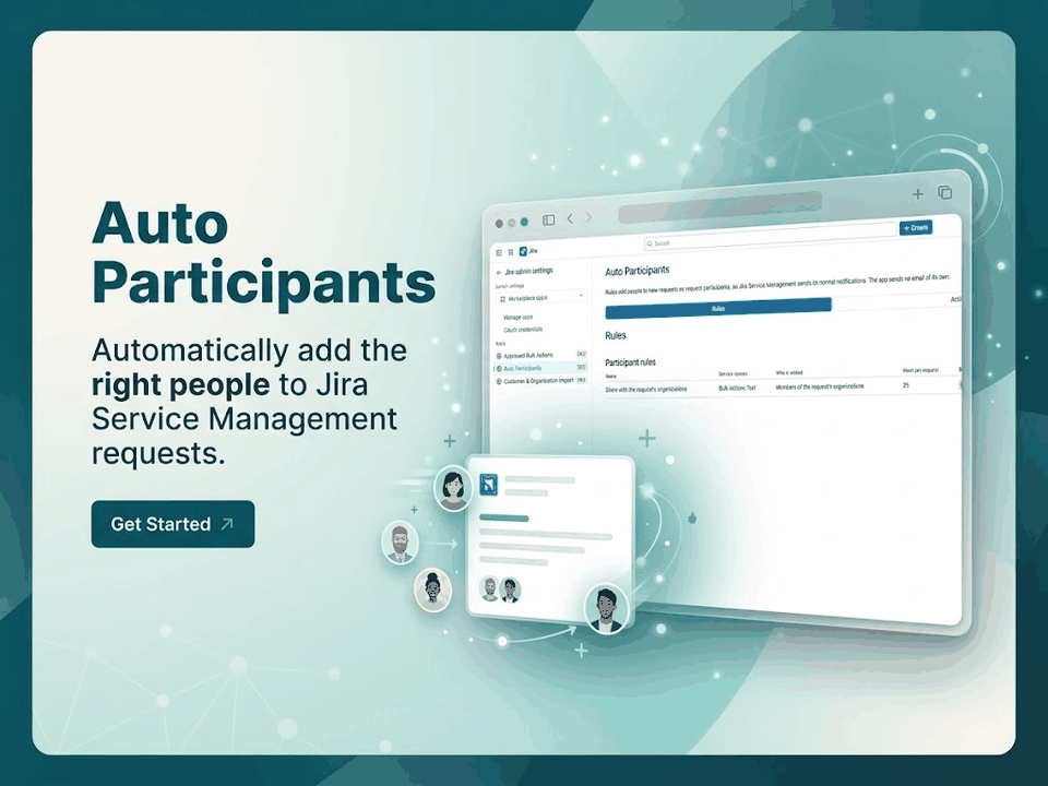 Auto Participants: Right people on requests. Problem: Org members left out. What it does: Rules by org or group. Result: Added automatically.