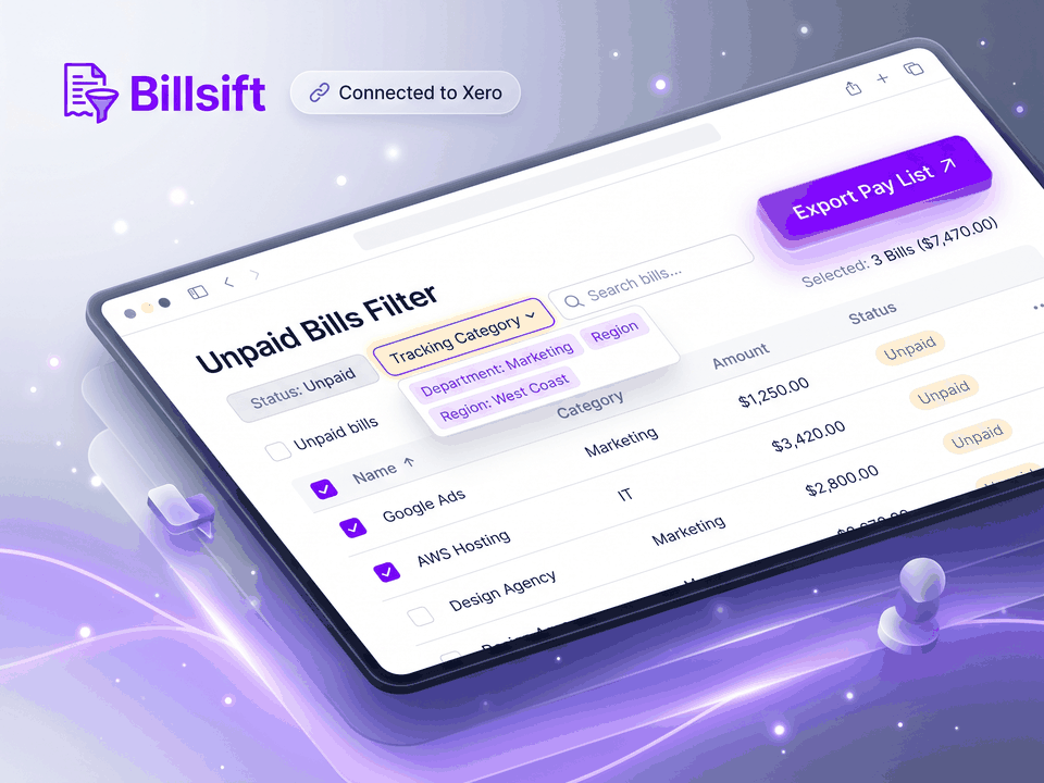 Billsift: Filter Xero bills by tracking. Problem: Mixed department bills. What it does: Pick a department. Result: Pay list, batch payment.