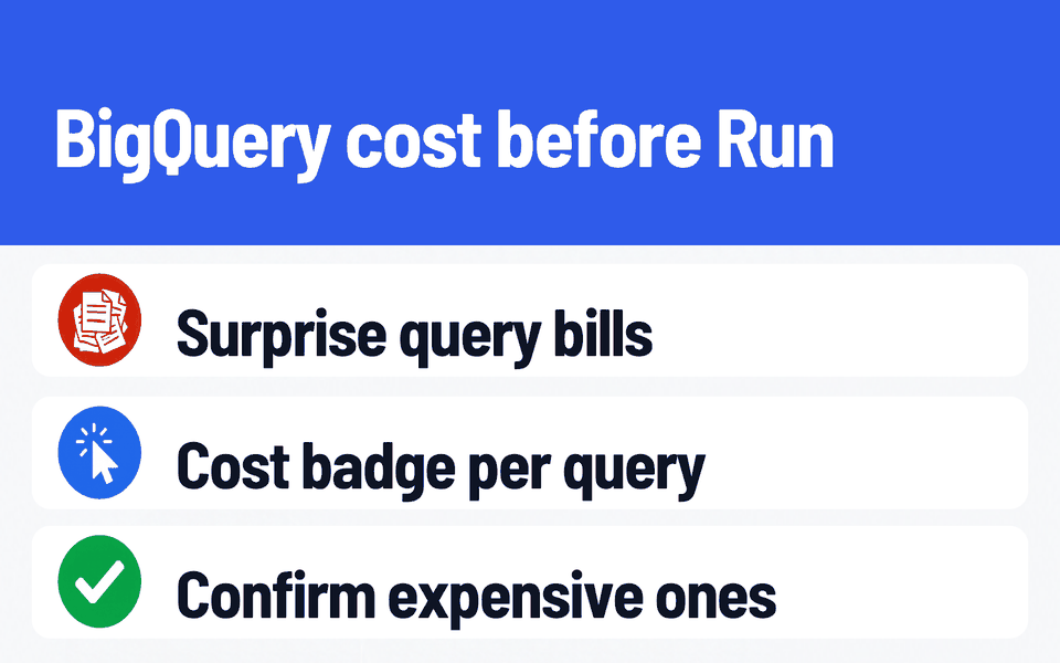 Cost Shield: BigQuery cost before Run. Problem: Surprise query bills. What it does: Cost badge per query. Result: Confirm expensive ones.