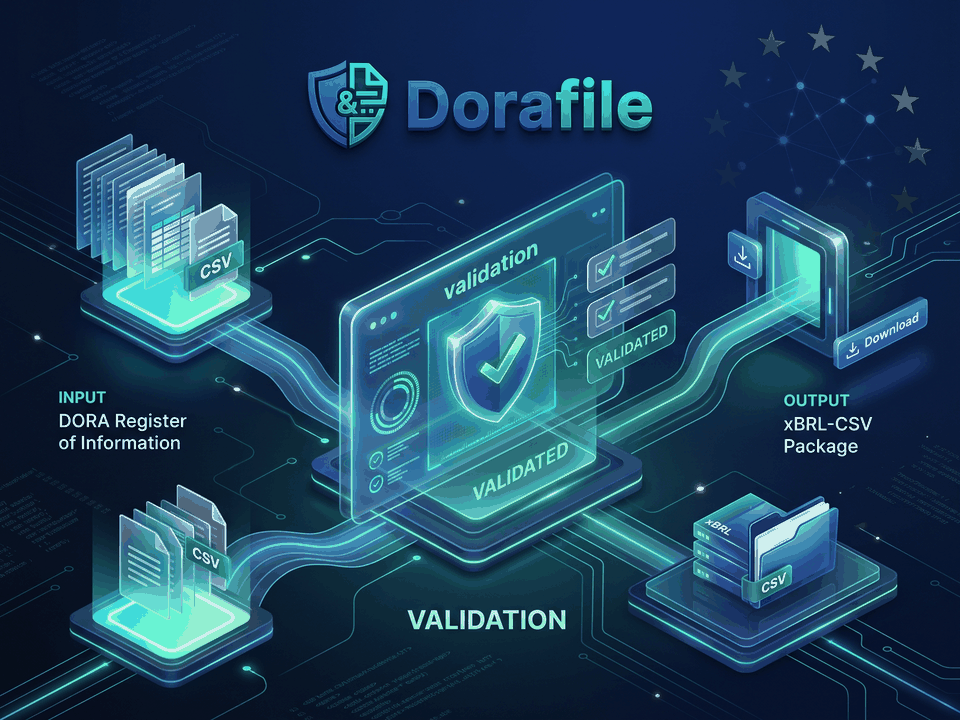 Dorafile: DORA register to xBRL-CSV. Problem: EBA rules to check. What it does: Validate in your browser. Result: Submission-ready package.