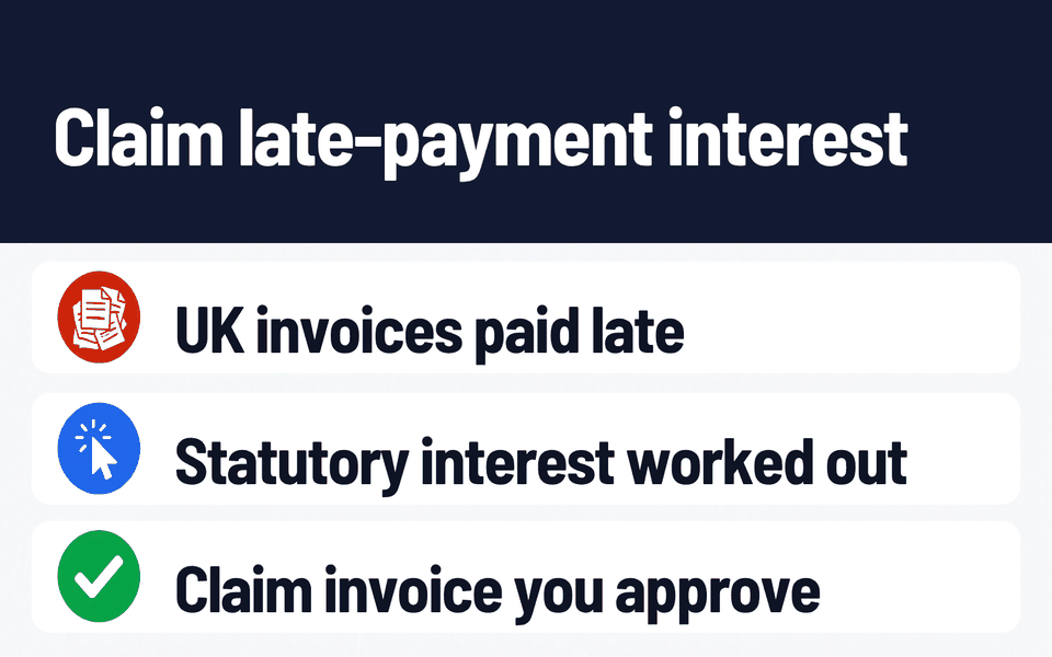Duebill: Claim late-payment interest. Problem: UK invoices paid late. What it does: Statutory interest worked out. Result: Claim invoice you approve.