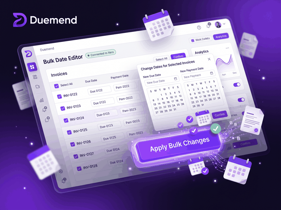 Duemend: Bulk-change Xero invoice dates. Problem: Dates edited one by one. What it does: Preview every row. Result: Updated, with undo.