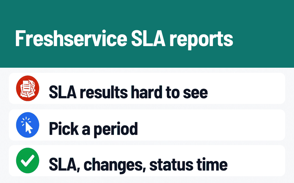 SLA & Change Analytics: Freshservice SLA reports. Problem: SLA results hard to see. What it does: Pick a period. Result: SLA, changes, status time.