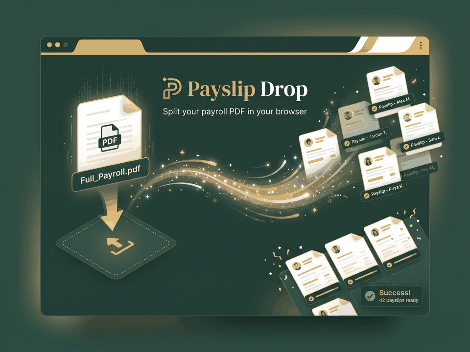 Payslip Drop: One payslip per employee. Problem: One big payroll PDF. What it does: Matched by employee number. Result: Split in browser.