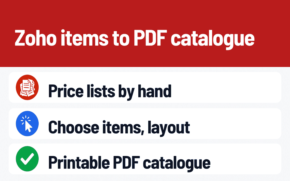 Product Catalog PDF: Zoho items to PDF catalogue. Problem: Price lists by hand. What it does: Choose items, layout. Result: Printable PDF catalogue.
