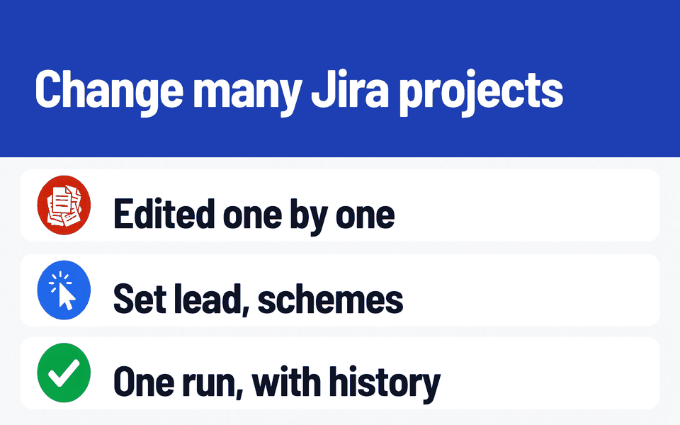 Project Lead & Scheme Switcher for Jira: Change many Jira projects. Problem: Edited one by one. What it does: Set lead, schemes. Result: One run, with history.