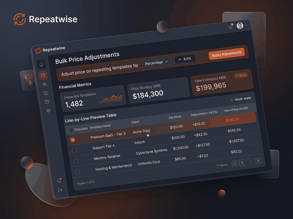 Repeatwise: Reprice Xero repeating invoices. Problem: Editing them one by one. What it does: Preview every line. Result: Updated, with undo.