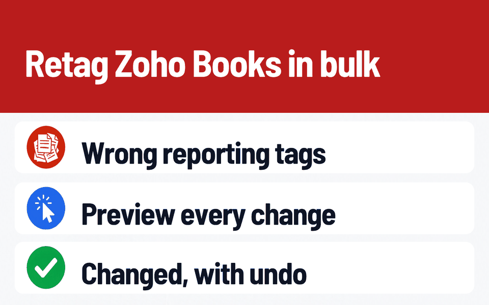 Reporting Tag Re-tagger: Retag Zoho Books in bulk. Problem: Wrong reporting tags. What it does: Preview every change. Result: Changed, with undo.