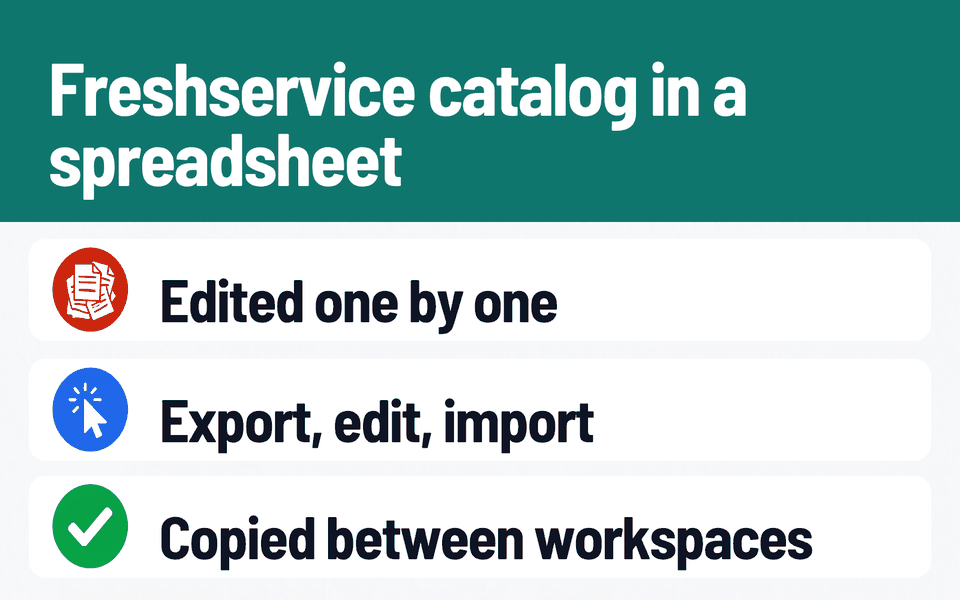 Service Catalog Porter: Freshservice catalog in a spreadsheet. Problem: Edited one by one. What it does: Export, edit, import. Result: Copied between workspaces.