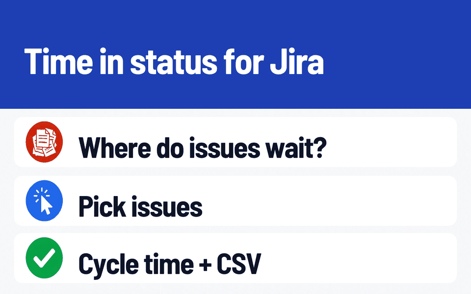 StatusTime: Time in status for Jira. Problem: Where do issues wait?. What it does: Pick issues. Result: Cycle time + CSV.