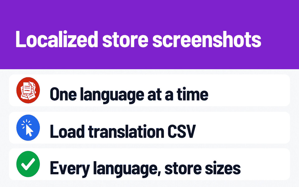 Store Screenshot Localizer: Localized store screenshots. Problem: One language at a time. What it does: Load translation CSV. Result: Every language, store sizes.