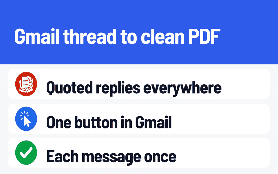 ThreadClean: Gmail thread to clean PDF. Problem: Quoted replies everywhere. What it does: One button in Gmail. Result: Each message once.