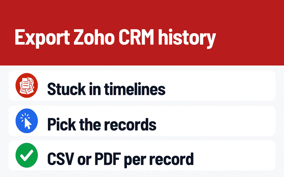 Timeline Exporter: Export Zoho CRM history. Problem: Stuck in timelines. What it does: Pick the records. Result: CSV or PDF per record.