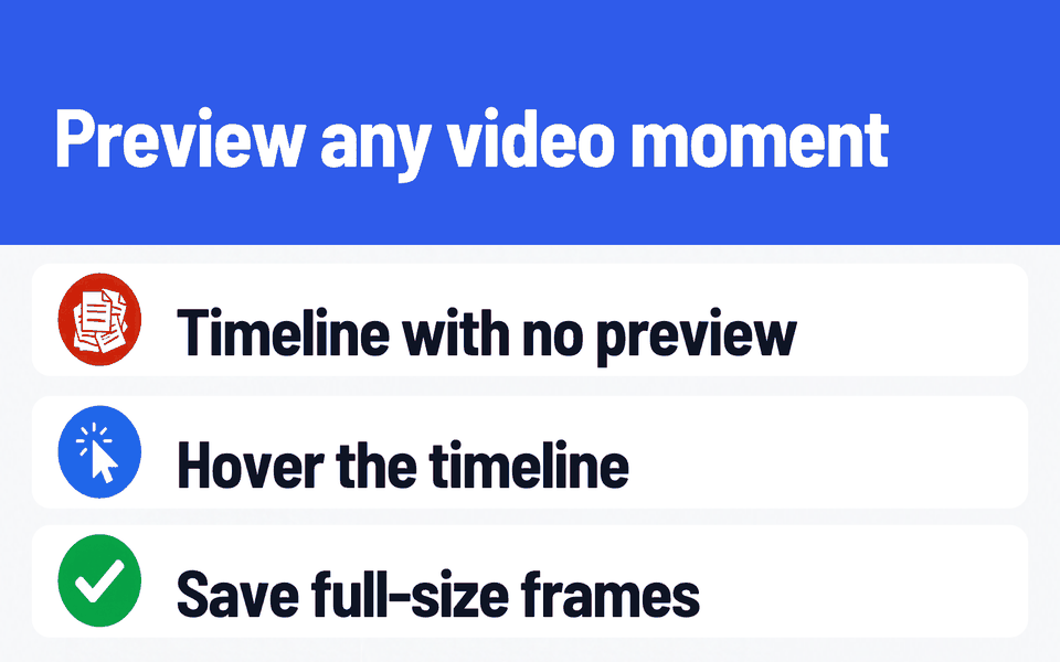 Timeline Peek: Preview any video moment. Problem: Timeline with no preview. What it does: Hover the timeline. Result: Save full-size frames.